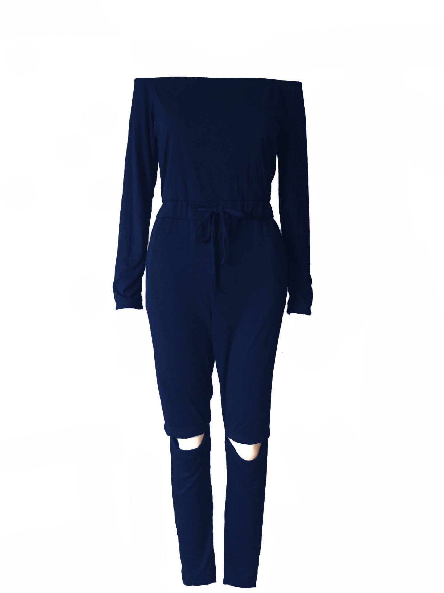 Jumpsuit met één lijn en schuine kraag. Vrouwelijk gevoel voor gescheurde leggings