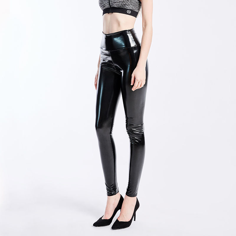 Leggings taille haute en cuir PU brillant, pantalon pour femme