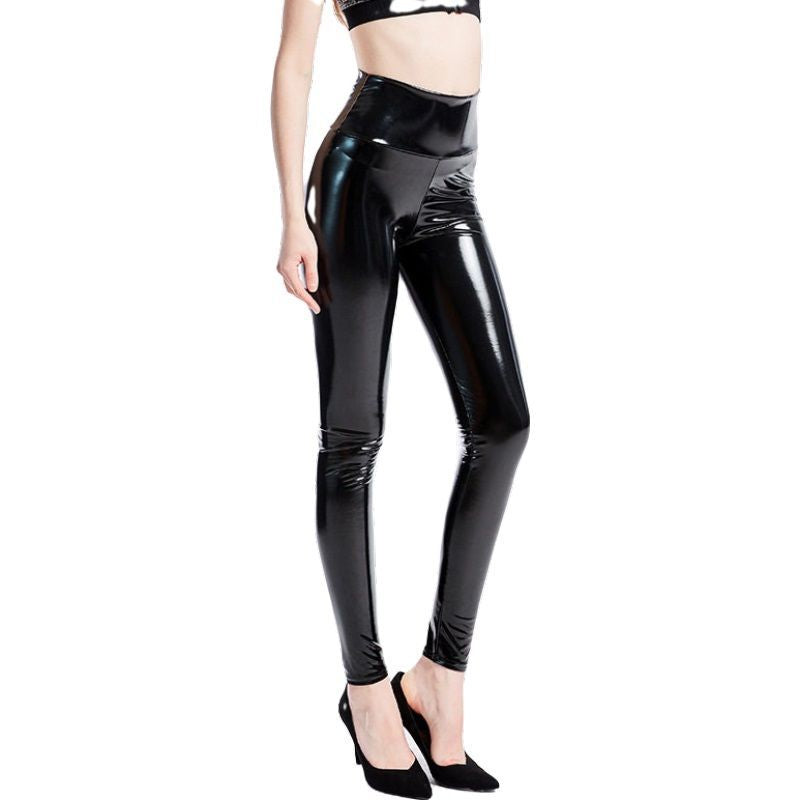 Leggings taille haute en cuir PU brillant, pantalon pour femme