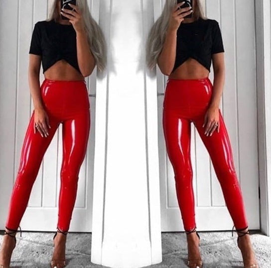 Leggings taille haute en cuir PU brillant, pantalon pour femme