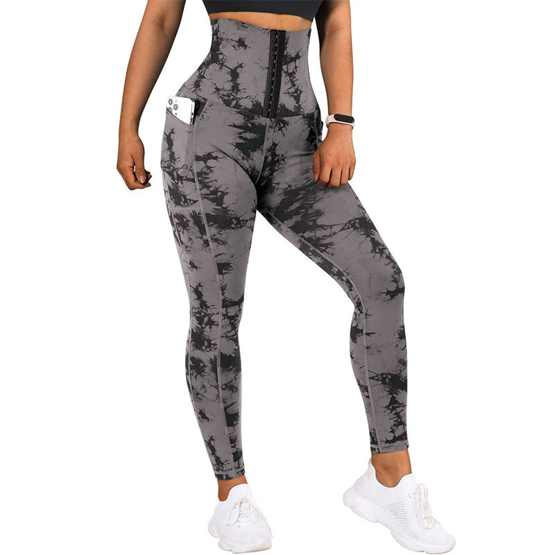 Leggings de sport de yoga avec poche en patchwork et teinture par nouage pour femmes