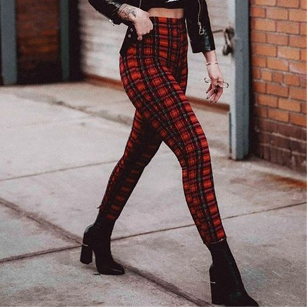 Plaid high waist leggings women casual pants