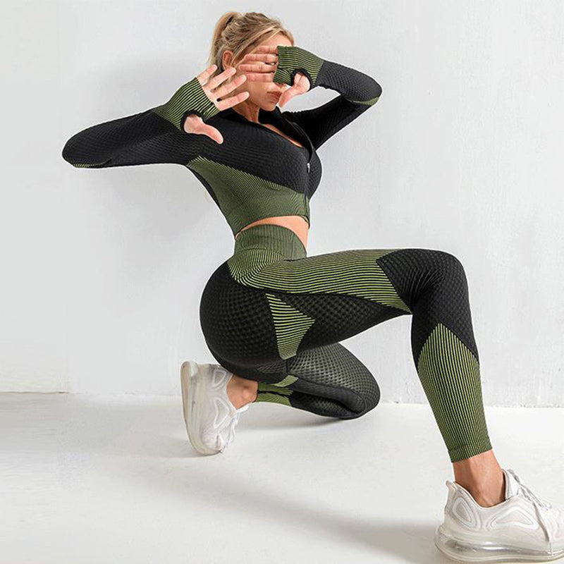 Ensemble de Yoga 3 pièces ensemble de Sport sans couture femmes vêtements de Sport Leggings femmes haut court soutien-gorge de Sport femmes Fitness ensemble de gymnastique femmes tenues survêtement