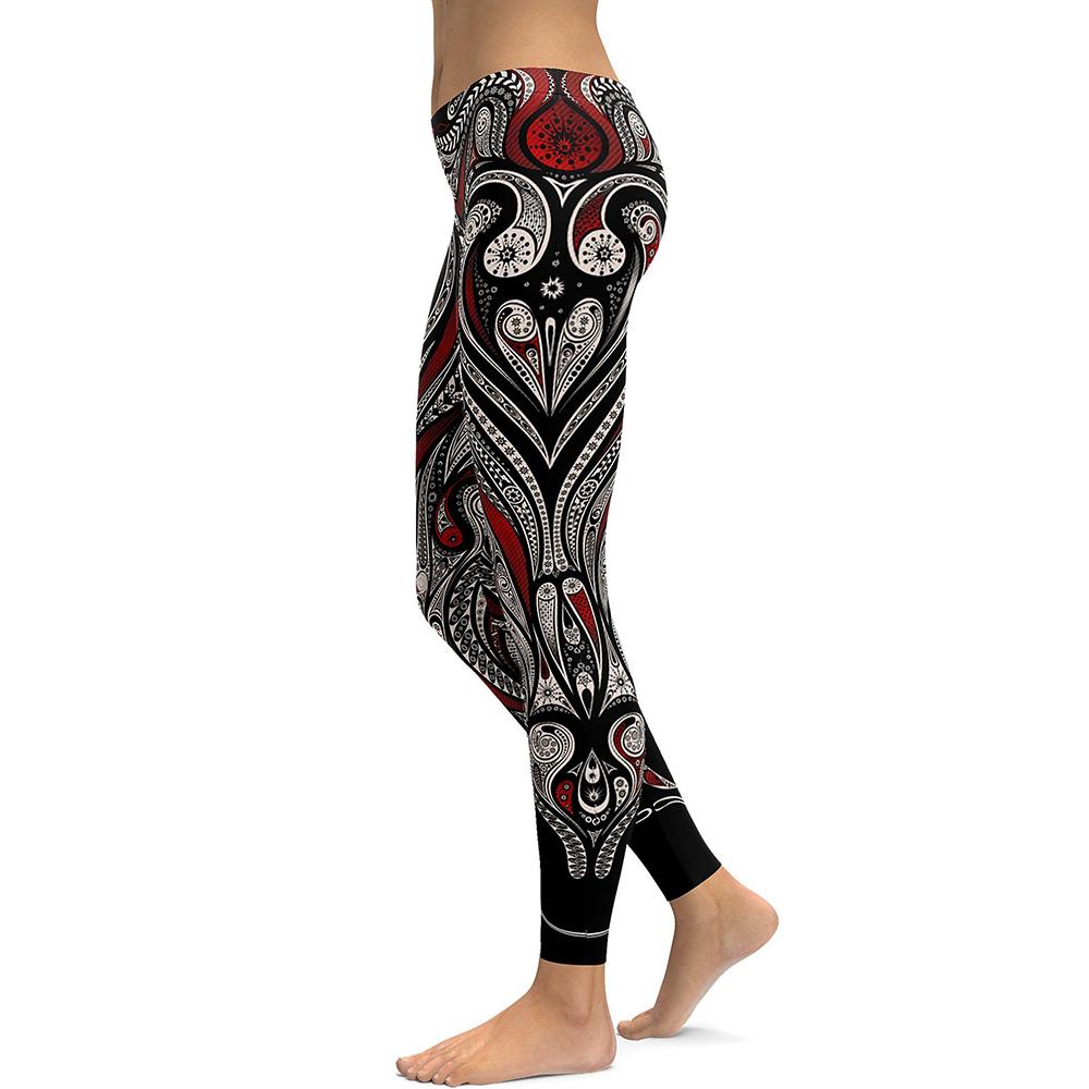 Leggings d'entraînement de yoga à tissage de mandala noir de rose rouge 