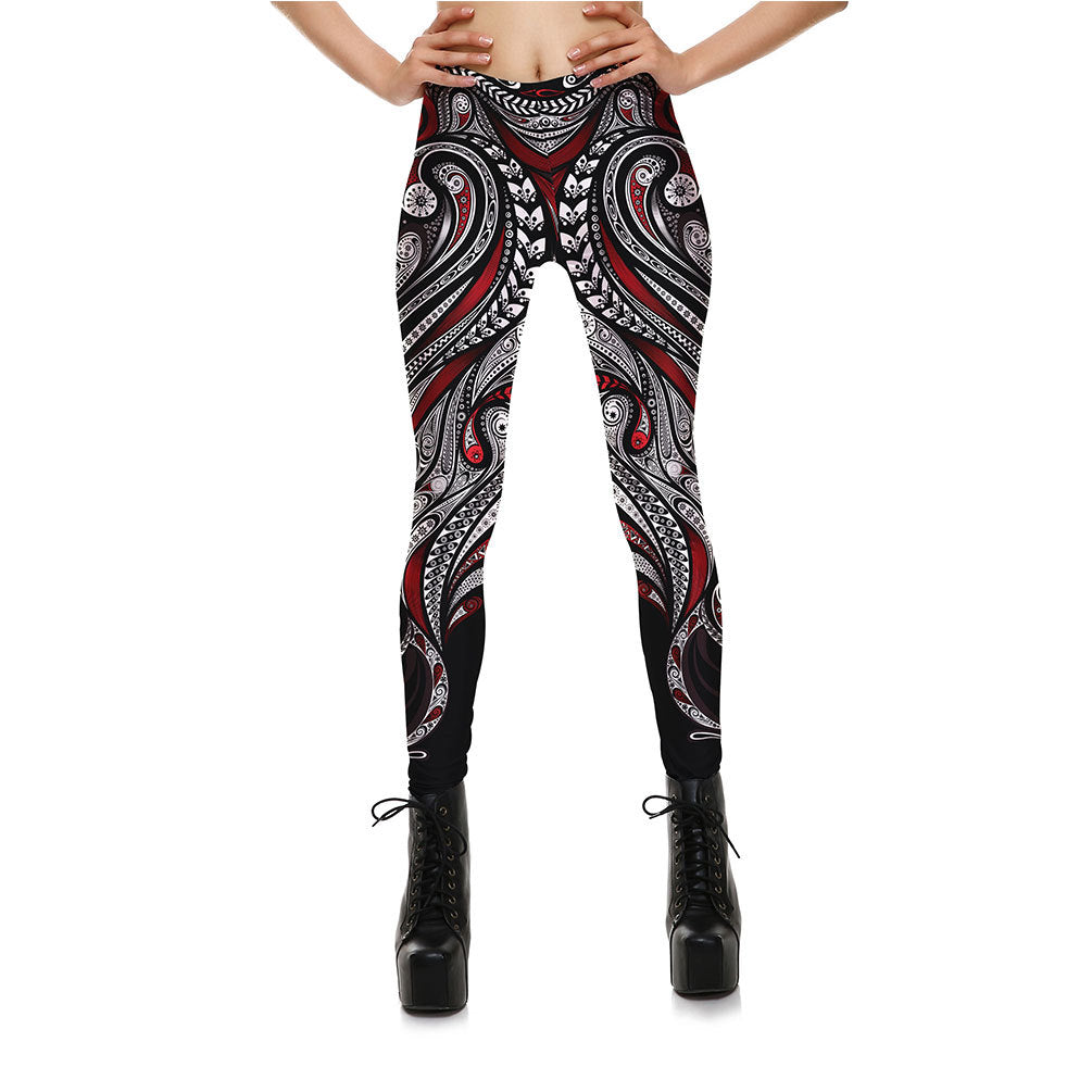 Red Rose Black Mandala Weave Yoga Workout Leggings