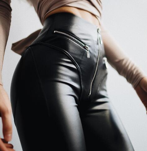 Leggings gothiques taille haute en cuir PU noir pour femmes, jegging d'entraînement avec fermeture éclair sur le devant 