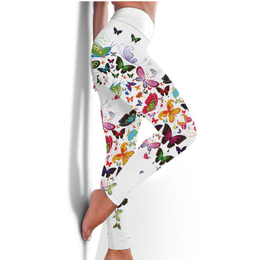 Bedrukte bloemenvlinderlegging Hoge taille Slanke yogabroeklegging