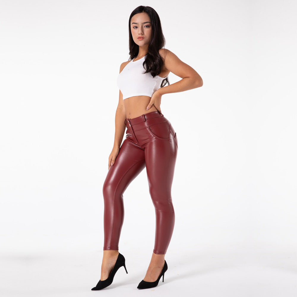 shascullfites melody Hip Push-Up Pants Four-Way Stretch Leggings burgundy vegan leather leggings booty shaping effect