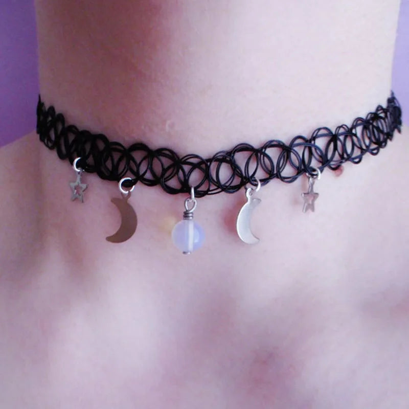 moon and stars necklace - tattoo choker - grunge choker