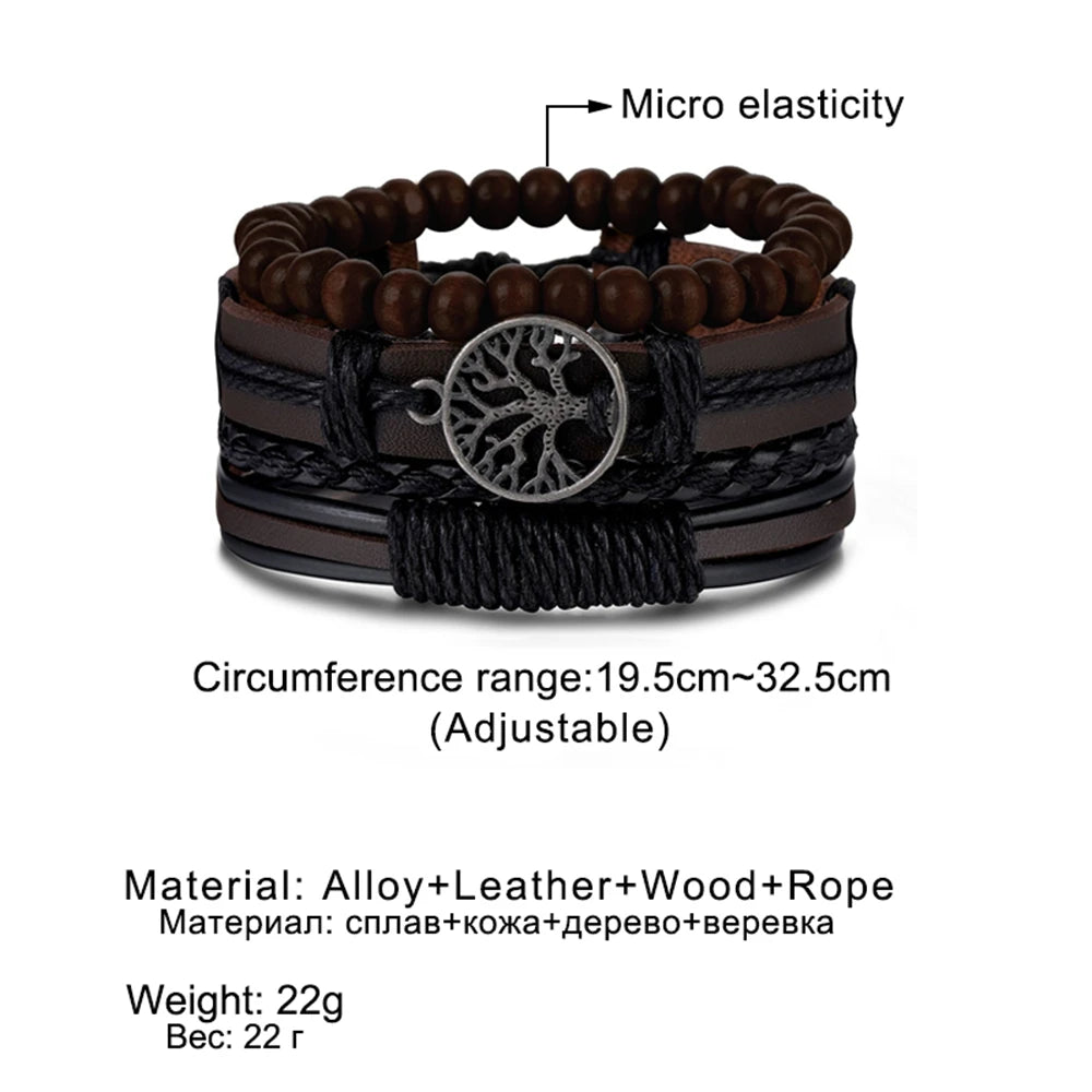 IFMIA 3/4Pcs/ Set Braided Wrap Leather Bracelets for Men Vintage Life Tree Rudder Charm Wood Beads Ethnic Tribal Wristbands