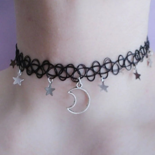 moon and stars necklace - tattoo choker - grunge choker