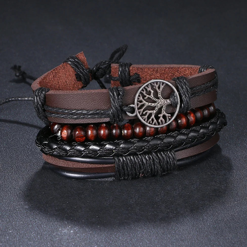 IFMIA 3/4Pcs/ Set Braided Wrap Leather Bracelets for Men Vintage Life Tree Rudder Charm Wood Beads Ethnic Tribal Wristbands