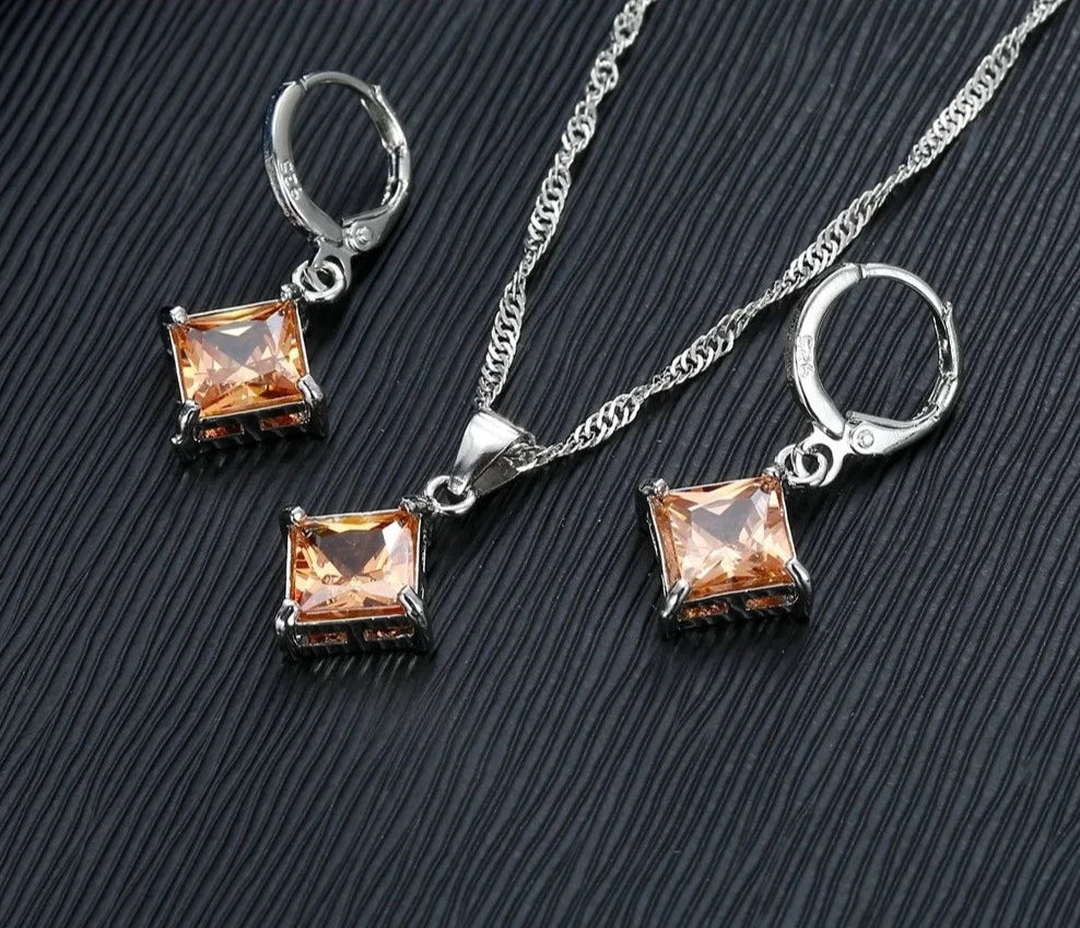 Square Zircons Pendant and Earrings