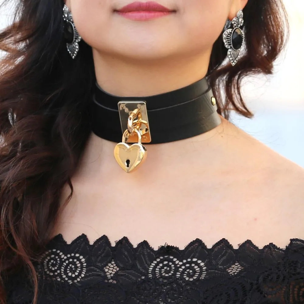 Gold Colour Heart Choker Necklace Leather Collar Goth Maxi Harness