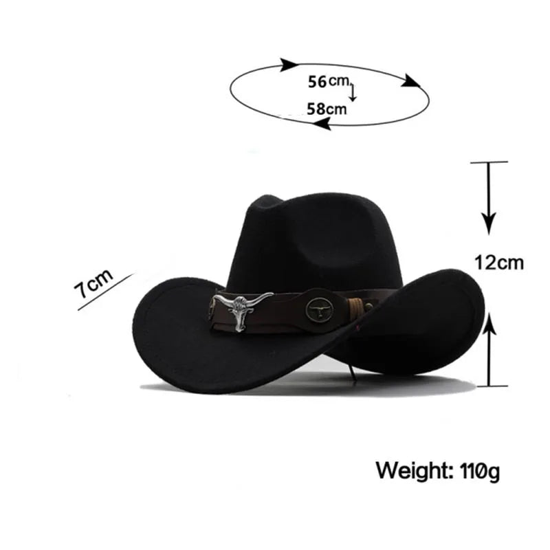 Western Cowboy Hat 3 Sizes Black Woolen Jazz Top Hat Men Ethnic Style Cow Head Ribbon Felt Cap Women Children Riding Fedora Hat