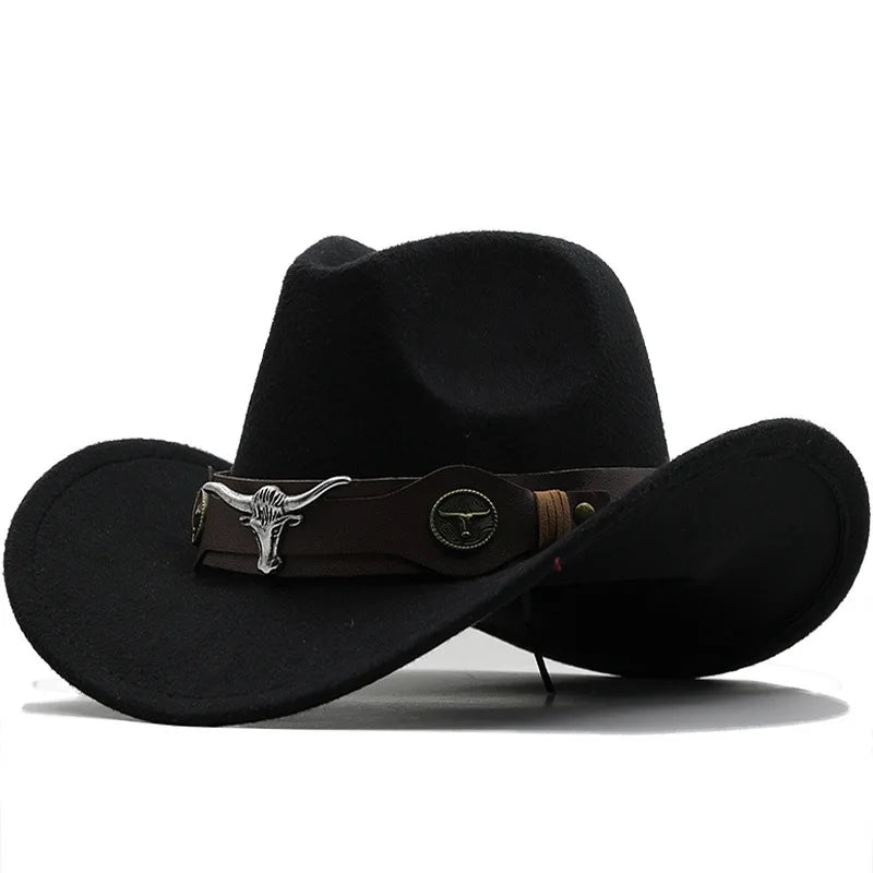 Western Cowboy Hat 3 Sizes Black Woolen Jazz Top Hat Men Ethnic Style Cow Head Ribbon Felt Cap Women Children Riding Fedora Hat