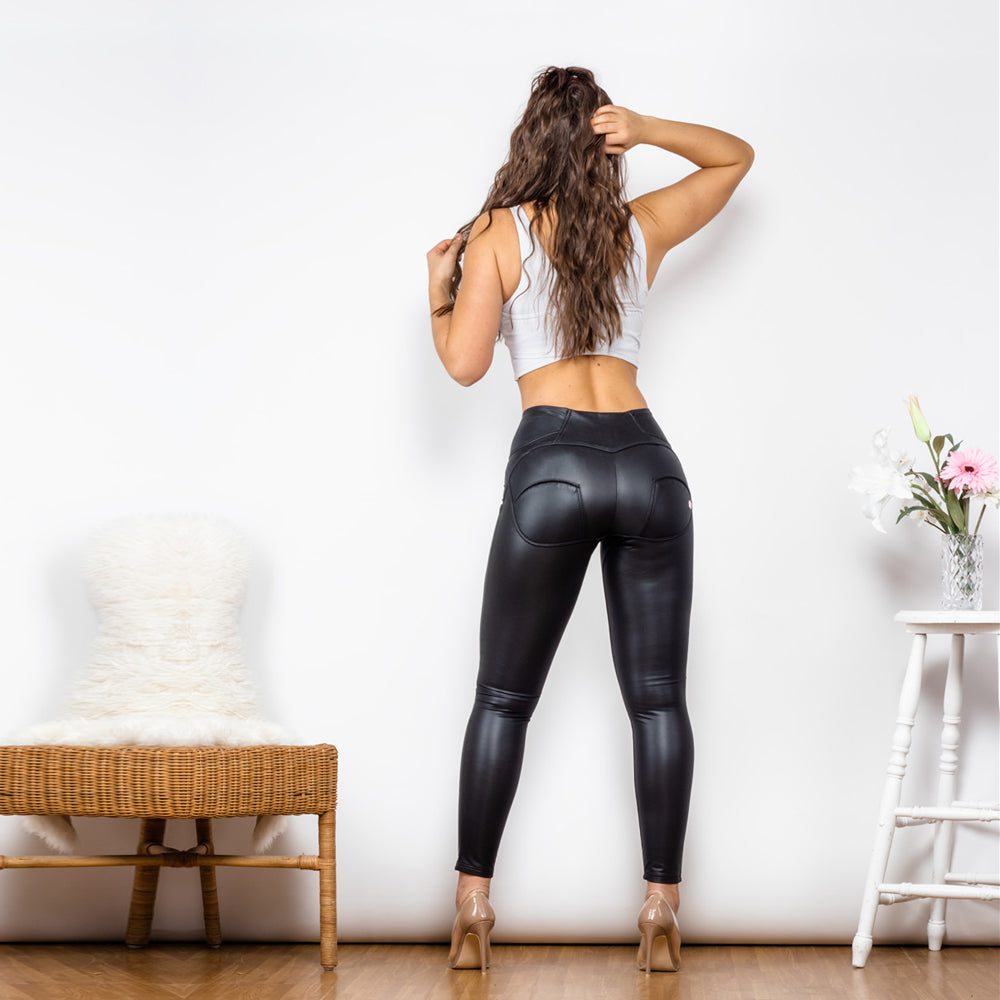 Shascullfites mélodie leggings super serrés extensibles dans quatre directions leggings en cuir thermique de levage des fesses effet façonnant noir mat