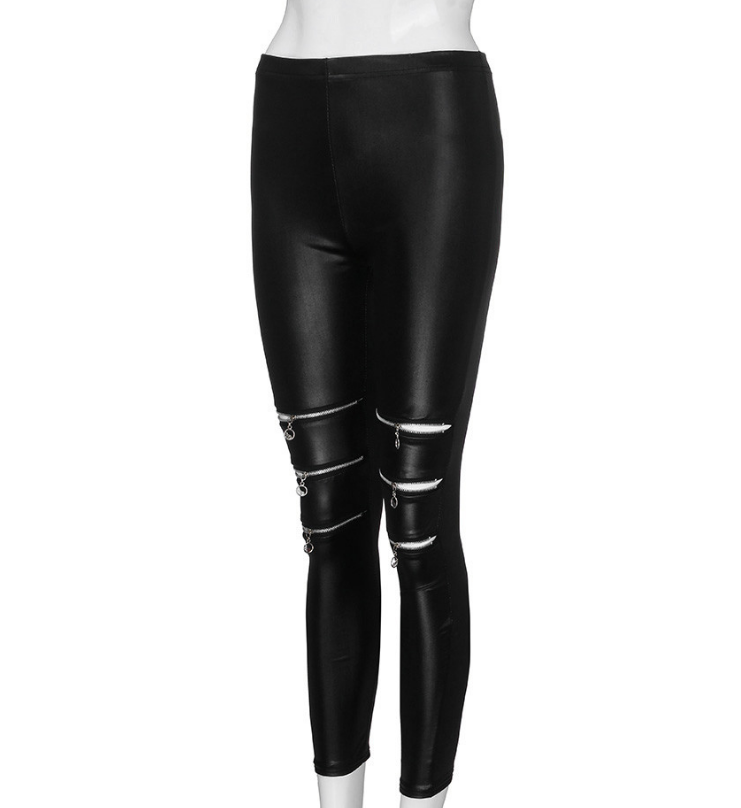 Hollow Out Women Fashion High Zippers Leggings Active Leather Pants