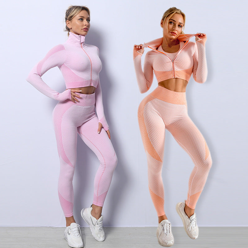 Ensemble de Yoga 3 pièces ensemble de Sport sans couture femmes vêtements de Sport Leggings femmes haut court soutien-gorge de Sport femmes Fitness ensemble de gymnastique femmes tenues survêtement