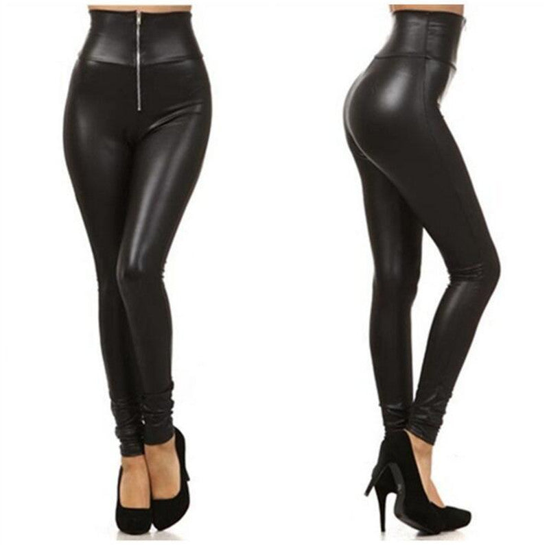 Ladies Black Solid Color Slim Zipper PU Leather Leggings