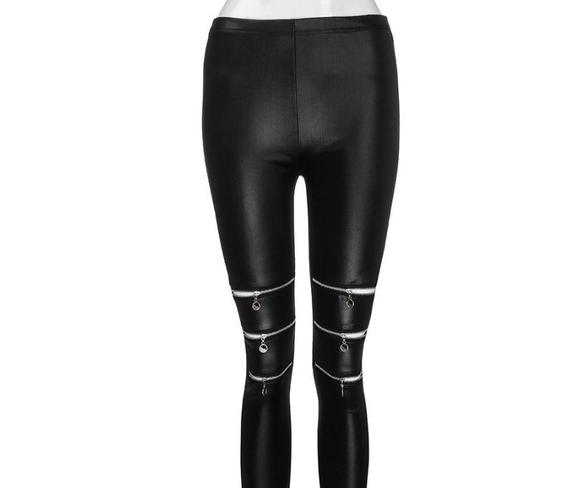 Hollow Out Women Fashion High Zippers Leggings Active Leather Pants